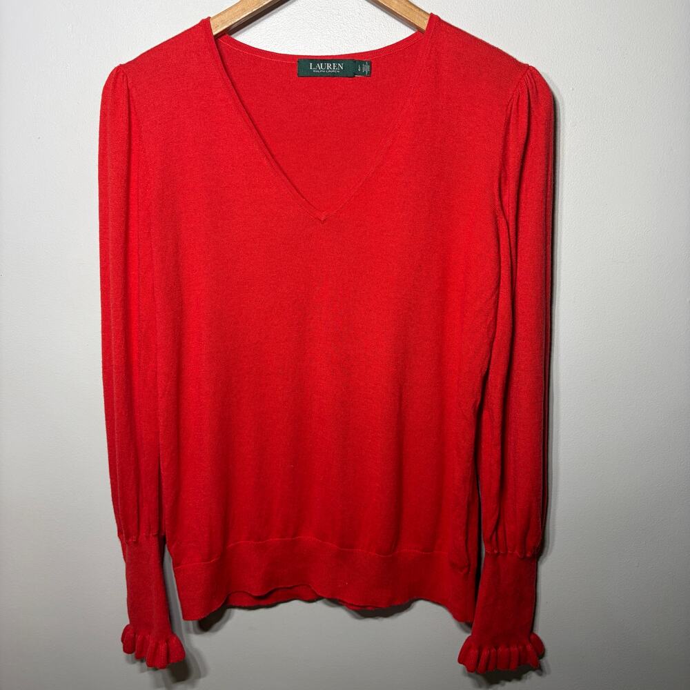 Lauren Ralph Lauren Sweater Red V Neck Cotton Modal Ruffle Gold Button Sleeve L